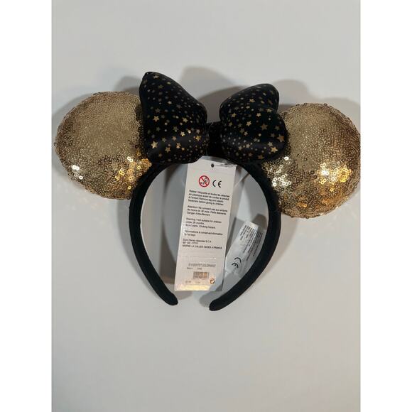 Disneyland Paris Minnie Mouse Ears Headband Gold Sequin Black Star Bow NWT - Picture 1 of 8